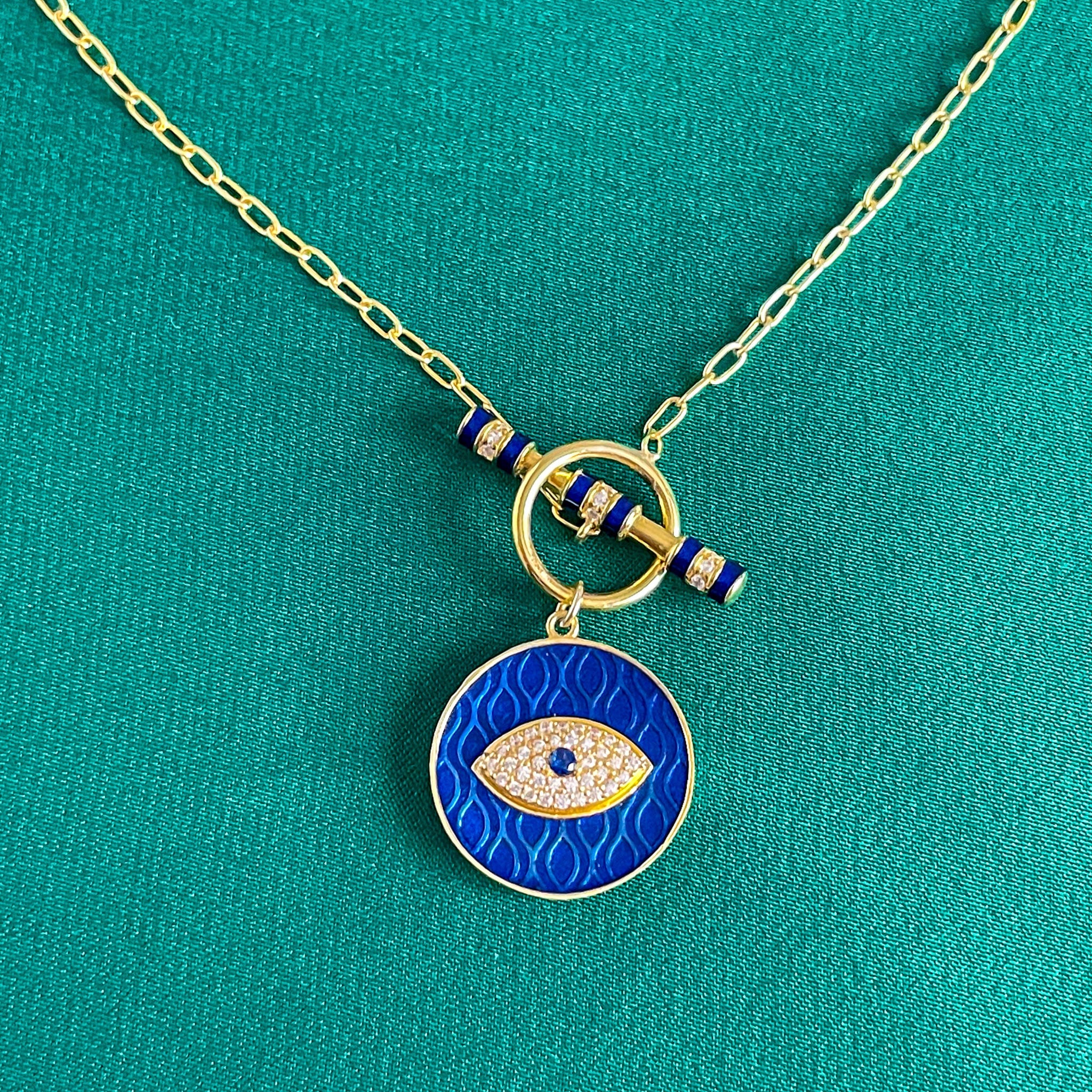 Gold Dark Blue Evil Eye Toggle Necklace - JIWIL