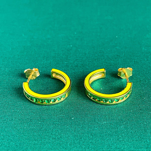 Green CZ Neon Yellow Enamel Hoop Earring