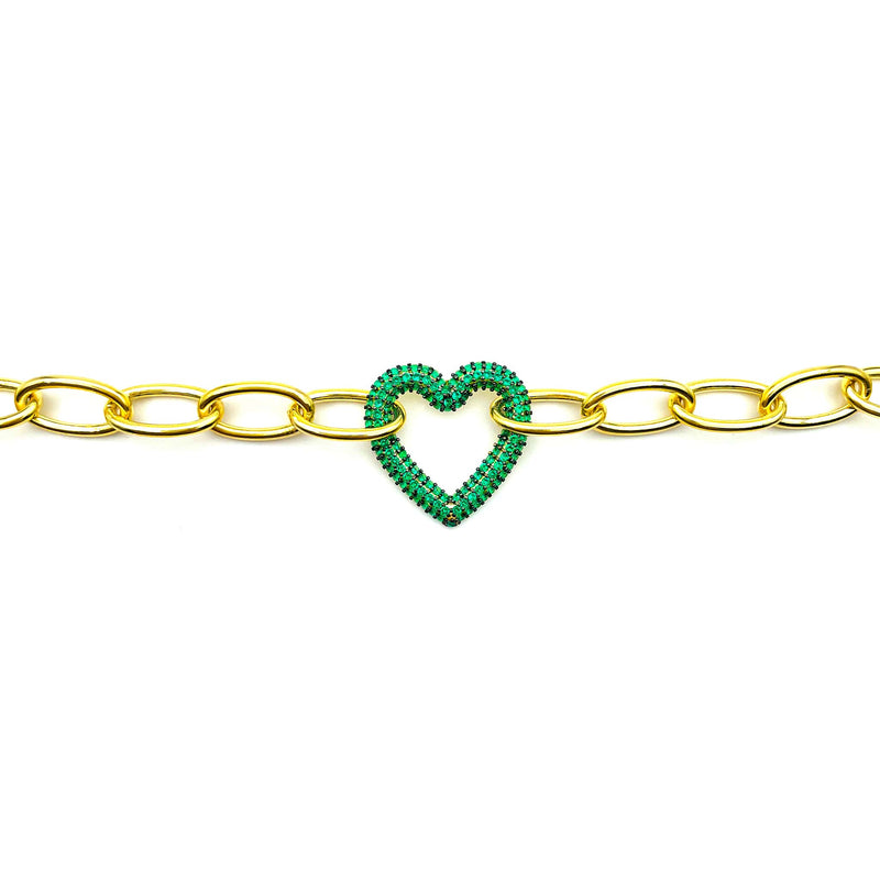 Pave CZ Emerald Green Open Heart Link Bracelet
